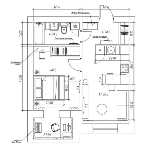 Дизайн интерьера в евродвушке 44, 5 кв. 08