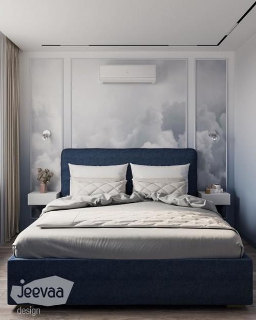 Спальня и гардеробная с градиентом от небесно-голубого к белому.