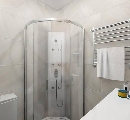 Совмещённый санузел: влезла стиралка, унитаз, столешка со врезной раковиной и душевая кабина на 900. 04