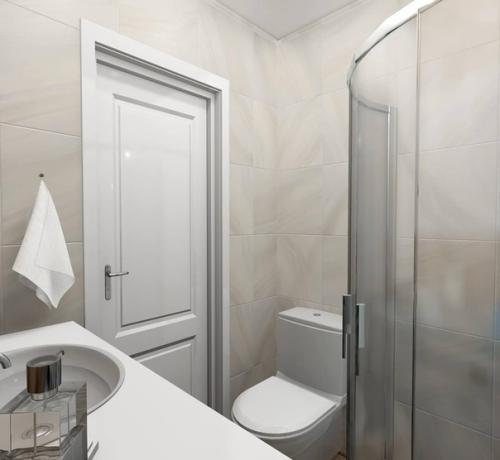 Совмещённый санузел: влезла стиралка, унитаз, столешка со врезной раковиной и душевая кабина на 900. 02