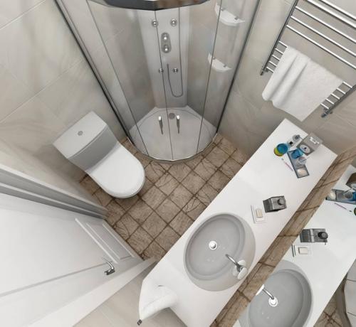 Совмещённый санузел: влезла стиралка, унитаз, столешка со врезной раковиной и душевая кабина на 900.