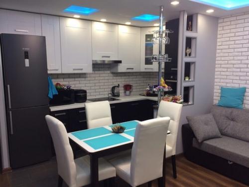 Доброе утро мы начнем с зонирования кухни с гостиной. 
