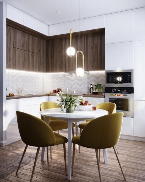 Сочетание белого глянца и дерева в двухуровневом кухонном гарнитуре 02