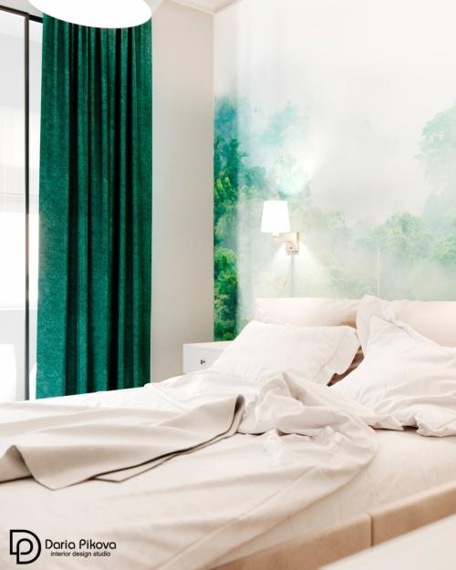 Какой вариант оформления стены в спальне выбрали бы Вы: с туманным лесом или акварелью? 01