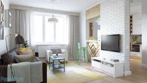 Интерьер однокомнатной квартиры 45 кв м. Холодные краски Скандинавии в мебели и декоре