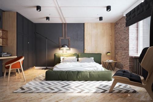 Кирпичная стена в квартире. Отделка стен кирпичом в спальне