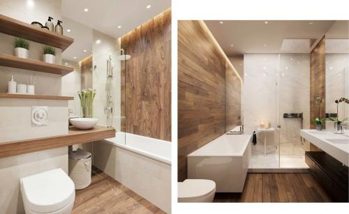 Плитка под дерево в маленькой ванной. Дерево в интерьере ванной комнаты? Это возможно!