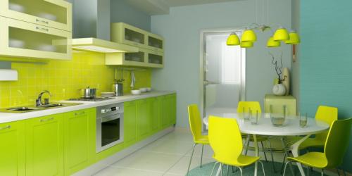 Дизайн кухни зеленого цвета. Светлые оттенки, зелёный ультрамарин и неон