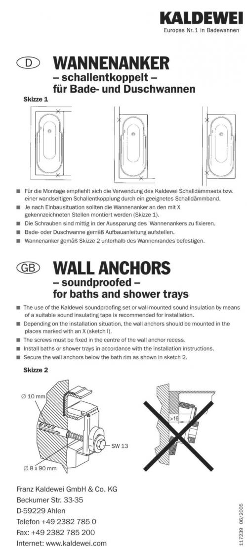 Якорь для крепления ванны к стене. Анкер для стальной ванны Kaldewei, особенности