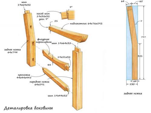 Чертеж скамейки со спинкой из дерева. Скамейка со спинкой на соединениях шип-паз